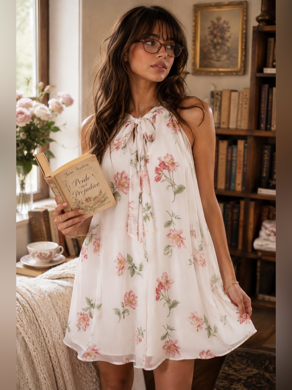 F21 Floral Tie Neck Chiffon Chemise A line White Pink Floral mini dress sz S